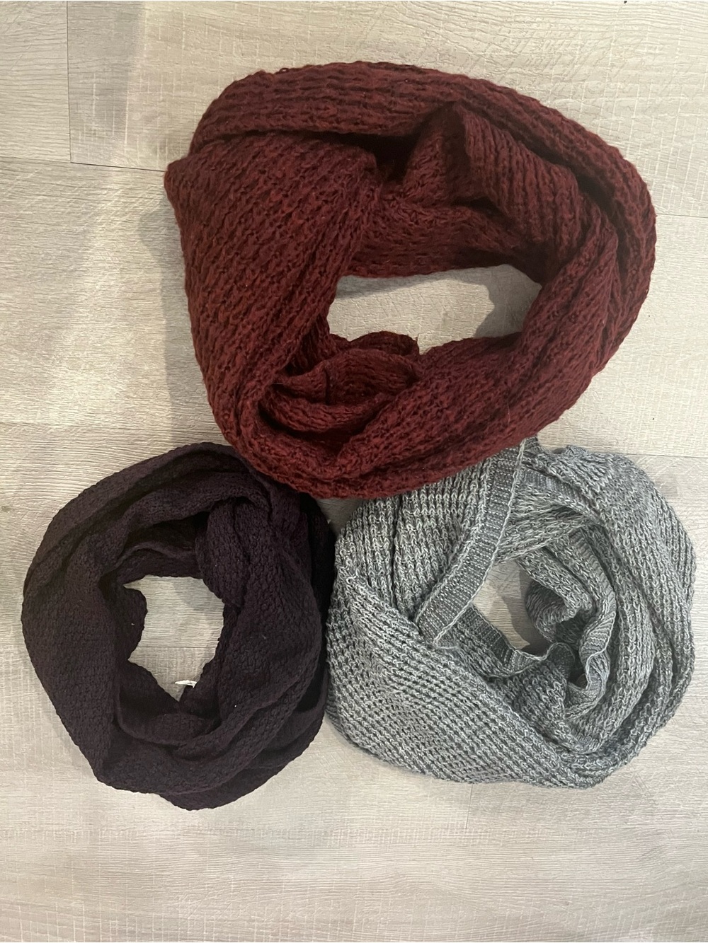 Cozy Knit Infinity Scarves - Burgundy, purple and Light Gray